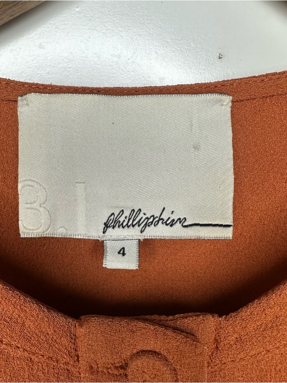 3.1 Phillip Lim Burnt Orange 100% Silk Ruffle Front Blouse Size 4 - Picture 3 of 8